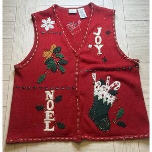 Bobbie Brooks VTG Red‎ Christmas Sweater Holiday Stocking Joy Beaded Vest Sz XL